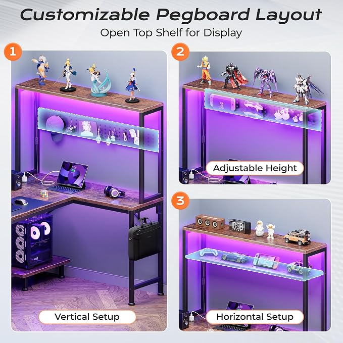 PRAISUN L Shaped Gaming Desk with LED Lights & Power Outlets, Reversible Computer Desk with Storage Shelves & Bag, Large Corner Home Office Desk with Pegboard for Work from Home, Rustic Brown - Image 8