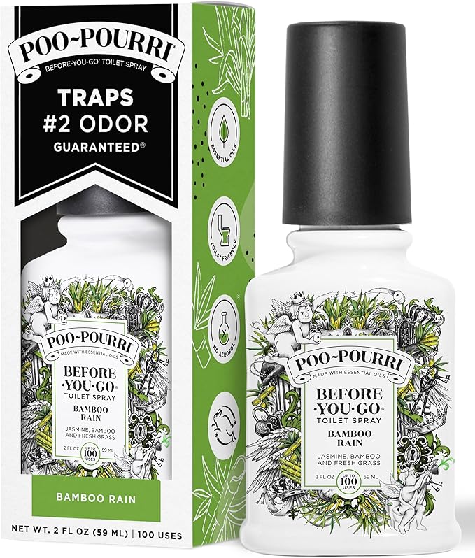 Poo-Pourri Before-You-Go Toilet Spray, Bamboo Rain, 2 Fl Oz, Up to 100 Uses, Bathroom Odor Deodorizer with Essential Oils for Home or Work, Travel Essentials, TSA Approved Size, Bamboo & Fresh Grass by Unknown