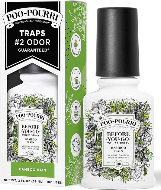 Poo-Pourri Before-You-Go Toilet Spray, Bamboo Rain, 2 Fl Oz, Up to 100 Uses, Bathroom Odor Deodorizer with Essential Oils for Home or Work, Travel Essentials, TSA Approved Size, Bamboo & Fresh Grass by Unknown