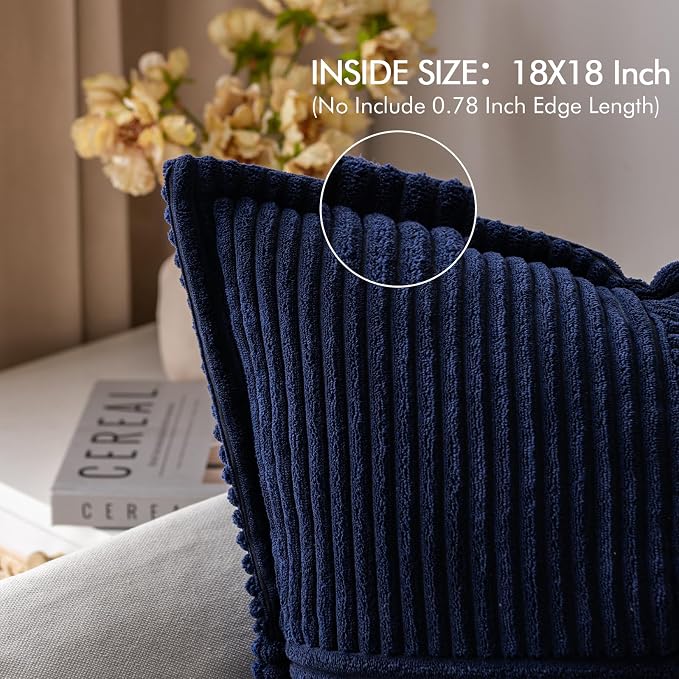 MIULEE Decorative Throw Pillow Covers for Couch Bed Livingroom 18x18 Inch Set of 2 Navy Blue Boho Accent Throw Pllows Broadside Striped Patchwork Soft Corduroy Summer Coastal Pillowcases - Image 2