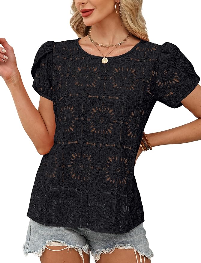 OFEEFAN Blouses for Women Dressy Casual Petal Short Sleeve Shirts Crochet Lace Boho Tops Spring Fashion Summer Outfits - Image 3