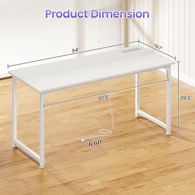 PRAISUN 55 X 20 Inch Computer Desk, Power Outlets, USB-C, White | Office Desk with 4 AC Outlets, USB & USB-C, Sturdy Metal Frame, Spacious Desktop for Work, Writing, Study & Gaming - Image 3