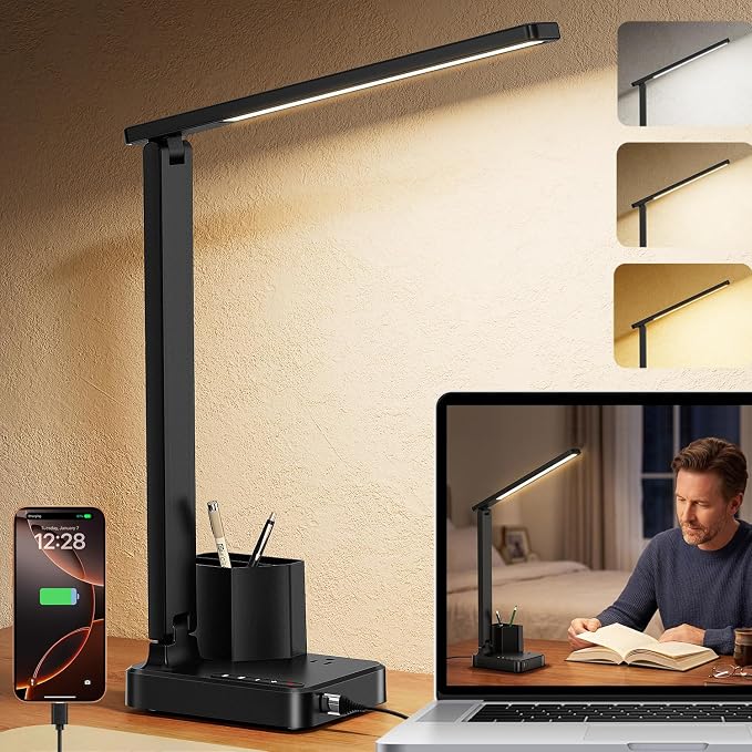 cozoo LED Desk Lamps for Home Office, Modern Dimmable Eye Cariing Desk Light with USB Charging Ports AC Outlet, Pen Holder,Touch/Memory/Timer, Kids Small Table Lamp for Reading, Bedroom, Study, Craft by COZOO
