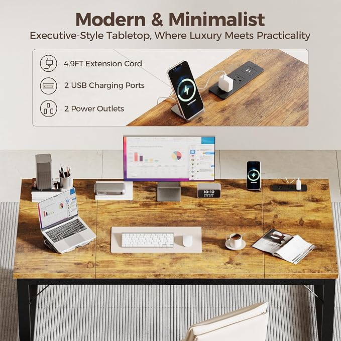 Mericonia 63x28 Inch Computer Desk w/Power Outlets, 1.2" Thick Office Table | Modern Simple Style, Heavy Duty Industrial Frame, Large Study & Writing Table for Home Bedroom Work, Brown - Image 5