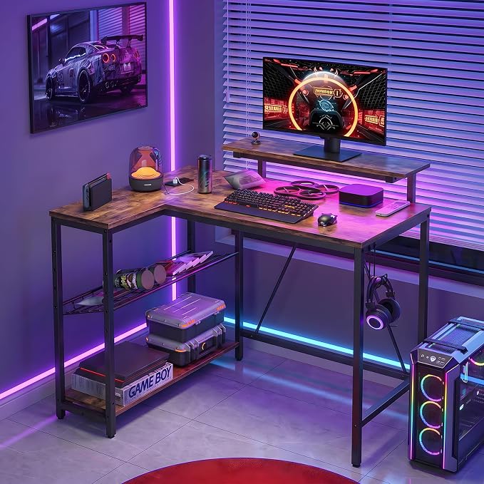 Bestier 42-Inch L-Shaped Gaming Desk with Charging & LED, Rustic Brown | Charging 2AC+USB+Type-C, RGB LED 7 Colors/20 Modes, Reversible Storage Shelves, 3D Carbon Fiber, Headphone Hook, Small Space - Image 2
