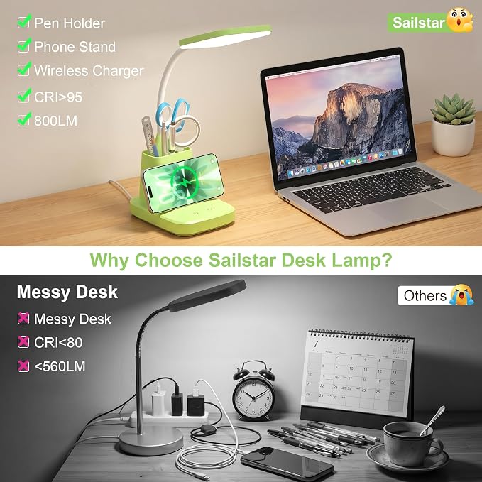LED Desk Lamp with 10W Wireless Charging & Pen Holder, Light Green | CRI 95, 800LM, Stepless Dimming, 3 Modes, 360°Flexible Arm, Touch, Study Table Lamp for Home Office, Dorm Room, with Adapter - Image 4