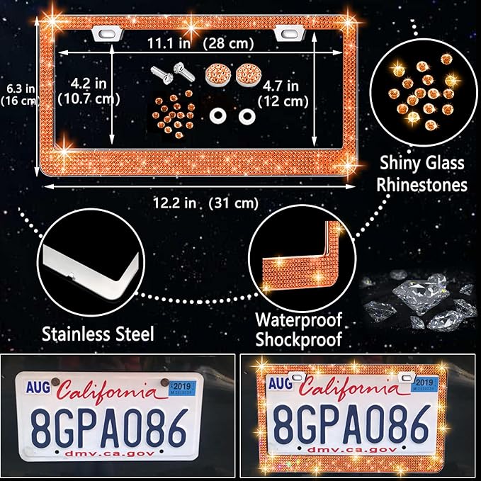 NBTEPEM 27 PCs Orange Bling Car Accessories Set for Women, Steering Wheel Covers Universal Fit 15 Inch, Bling License Plate Frame, Bling Phone Holder, Bling Car Coasters (Orange Diamond) - Image 4