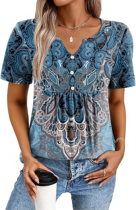 Zeagoo Womens Short Sleeve Tops Summer Henley V-Neck Tshirts Casual Pleated Blouse Dressy Loose Floral Basic Tee - Image 2