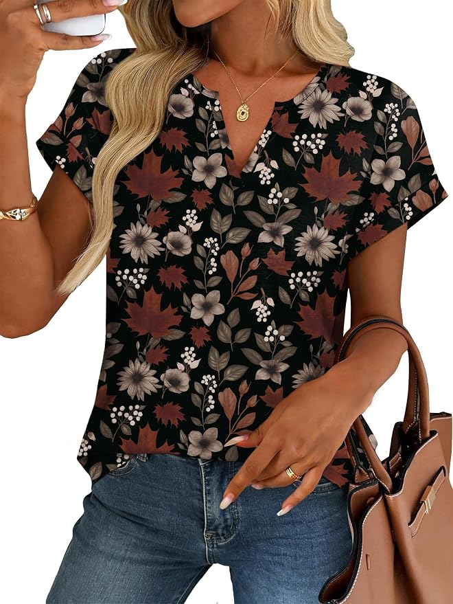 Womens Tops Dressy Casual V Neck Rolled Sleeve T Shirts Fashion Clothing Business Casual Outfits Beach Vacation Clothes - Image 3