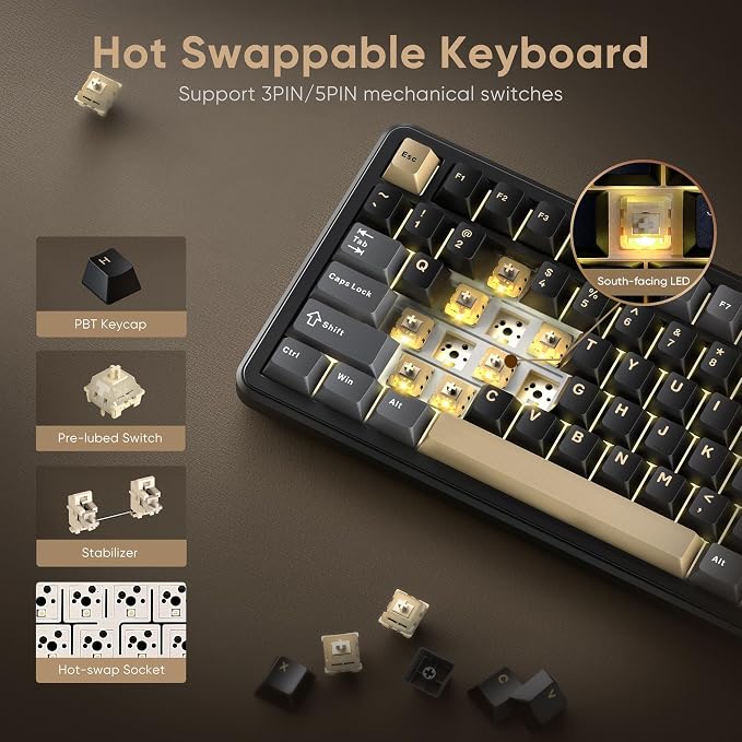 RedThunder K75 Wireless Mechanical Keyboard, CNC Knob, Tri-Mode BT5.0/2.4GHz/USB-C Hot Swappable Custom, Pre-lubed Linear Coconut Switches, Gasket Structure, RGB Gaming Keyboard, Black-Gold - Image 6