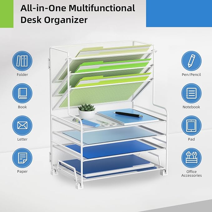 MINDEPOT 4-Tier Paper Organizer + 3-Pocket File Holder + Drawer + Pen Holders, Desktop File Organizers Paper Tray for Office Supplies School Classroom Organization (White, no Drawer & Pen Holder) - Image 4