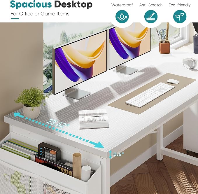 OLIXIS Computer Desk, 63 Inch Gaming Desks for Home Office Small Spaces | Writing Study Craft Work Table, Computer Workstation for Bedroom with Storage Bag, All White - Image 5