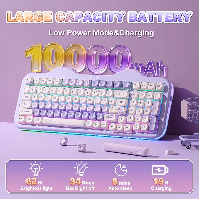 YUNZII C98 Cute Cake Wireless Mechanical Keyboard (Purple, Candy Switch) | 99 Keys with Number Pad, Hot Swap, PBT MOA Keycaps, BT5.0/2.4G/USB-C, Gasket Mount, Custom RGB Backlit for Win/Mac - Image 6