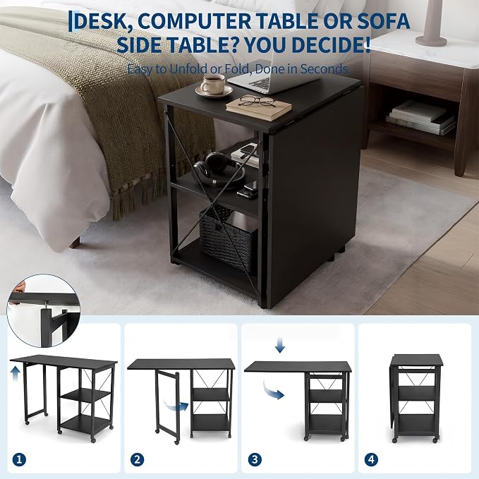 Garvee Folding Desk with Wheels, 31.5" Foldable Computer Desk with Storage Shelf, Space Saving Rolling Home Office Desk for Small Spaces, Portable Writing Table with Side Organizer, Black - Image 3