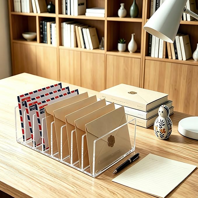 8 Compartments Clear Acrylic Mail Holder – Vertical Letter Sorter & Multifunction Desk Organizer for Bills, Documents, Notebooks – Modern Office/Home Envelope File Rack - Image 6