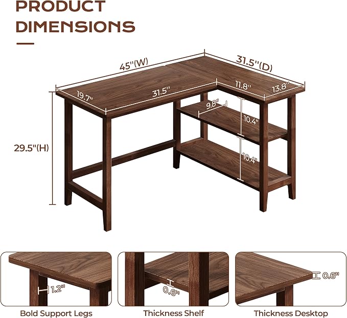 IOTXY Reversible L-Shaped Office Desk - 45" Compact Corner Computer Table with Storage Shelves, Solid Wood Legs, Writing & Study Workstation for Small Spaces, Walnut - Image 2