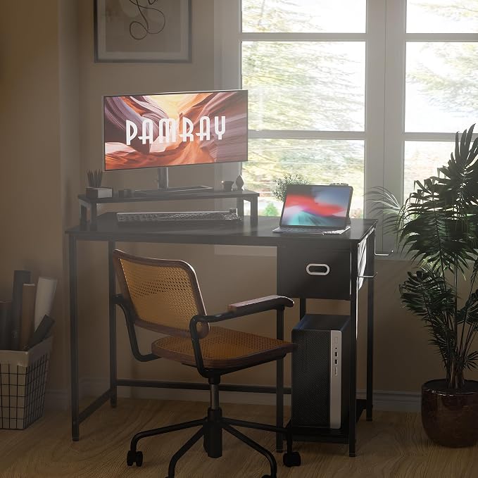 Pamray 39 Inch Small Computer Desk with Monitor Stand and Drawer for Gaming | Small Gaming Desk, for Bedroom Small Spaces, Home Office, Dorm and Apartment, for Writing, Study and Working - Image 4