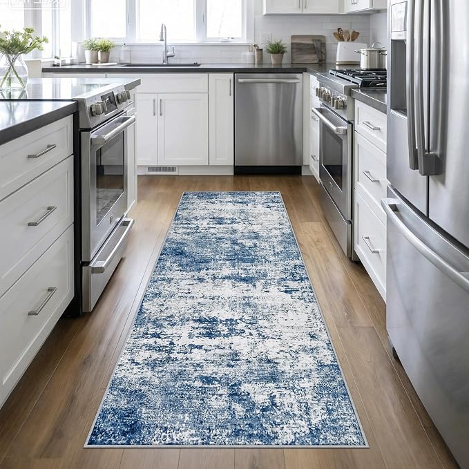 Washable Area Rug 3x10 Entryway Rug: Washable Modern Abstract Soft Thin Rug Indoor Floor No Slip Stain Resistant Carpet for Bedroom Dining Room Farmhouse Nursery Home Office - Blue by FXRHLP