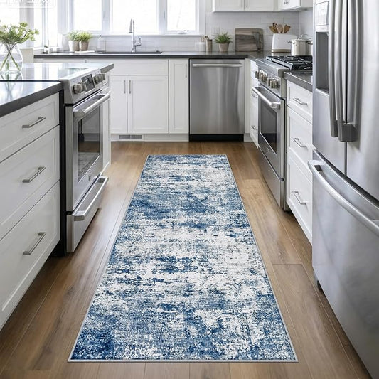Washable Area Rug 3x10 Entryway Rug: Washable Modern Abstract Soft Thin Rug Indoor Floor No Slip Stain Resistant Carpet for Bedroom Dining Room Farmhouse Nursery Home Office - Blue by FXRHLP