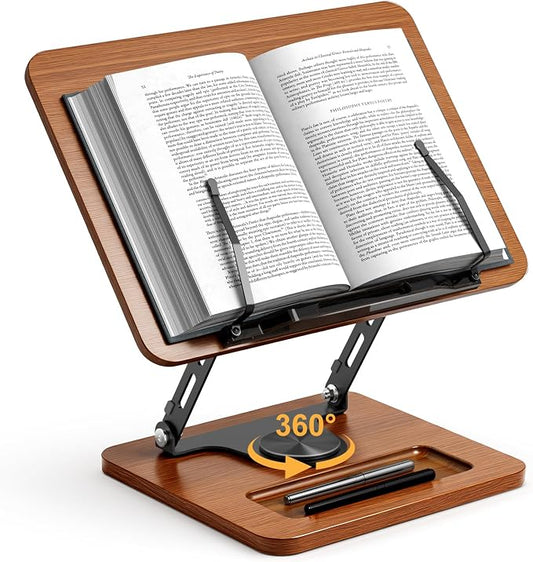 OPTIXCELL Book Stand for Reading, 360° Rotating Book Holder, Page Clips | Hands Free, Built-in Storage Tray, Adjustable Height Angle, Non-Slip, Foldable 13.3x9.4x1.9in, Fits Cookbook Tablet & Laptop by OPTIXCELL