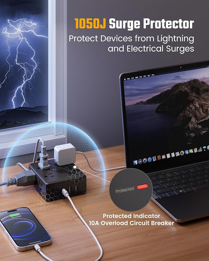 SUPERDANNY Extension Cord,Flat Plug Surge Protector Power Strip,15Ft | 8 AC & 4 USB Ports (2 USB C),Surge Protector with 1050J,Desk Charging Station for Home Office,College Dorm Room Essentials - Image 5