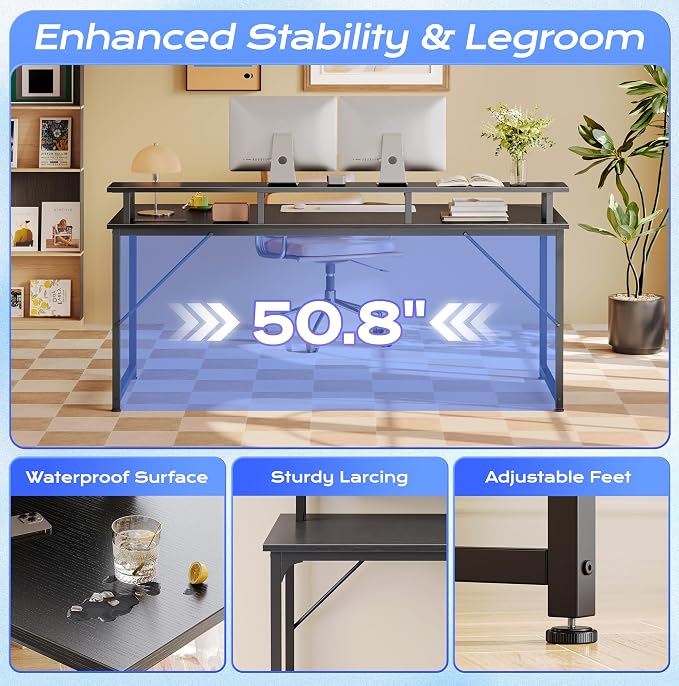PRAISUN 55 inch Gaming Desk, LED & Power Outlets, Monitor Stand, Black | Sturdy PC Desk for Home Office, Study & Work, LED Lights, 4 AC Outlets & USB-C Charging Station - Image 8