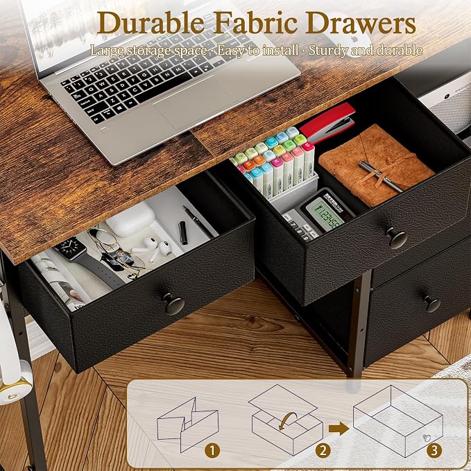 3IngSeagulls Small Computer Desk with 4 Fabric Drawers, Simple Writing Desk for Home Office, Compact Study Desks for Small Spaces, Kids Desk Study for Bedroom, Rustic Brown - Image 7