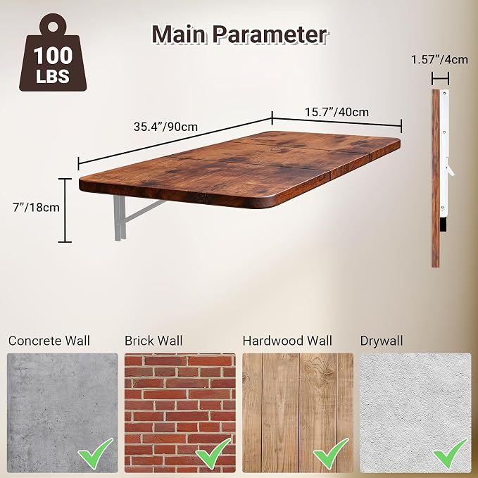 Neoaider Wall Mounted Folding Desk 35.4” x 15.7”, Brown | Drop Down Table with Metal Collapsible Brackets, Folding Wall Table for Small Spaces, Home, Office, Kitchen, Laundry Room - Image 3