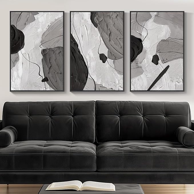 Framed Black and White Modern Abstract Wall Art, 3 Piece Canvas Prints Paintings Artwork for Walls, Minimalist Black White Grey Pictures for Living Room Dining Room Bedroom Office Wall Decor 16x24 In by Cuspin