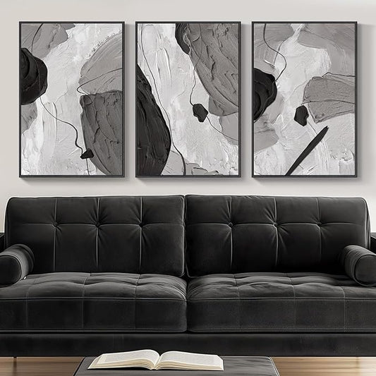 Framed Black and White Modern Abstract Wall Art, 3 Piece Canvas Prints Paintings Artwork for Walls, Minimalist Black White Grey Pictures for Living Room Dining Room Bedroom Office Wall Decor 16x24 In by Cuspin