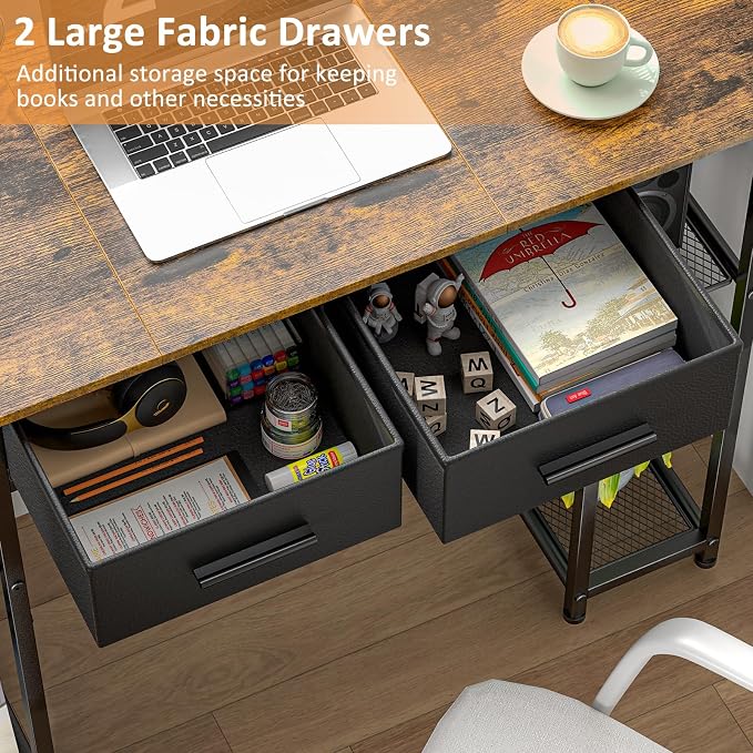 DAOUTIME Computer Desk with Drawers, 37.3 Inch Home Office Work Desk with Storage Shelf, Kids Teens Study Table for Small Space, Small Writing PC Table for Bedroom Makeup Vanity Desk, Brown - Image 5
