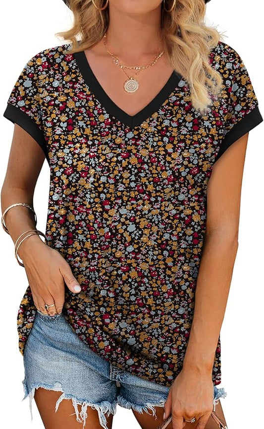 WIHOLL Womens Summer Tops 2026 Cap Short Sleeve Shirs V Neck T Shirts Fashion Beach Vacation Clothes Color Block by WIHOLL