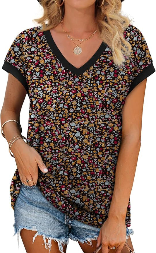 WIHOLL Womens Summer Tops 2026 Cap Short Sleeve Shirs V Neck T Shirts Fashion Beach Vacation Clothes Color Block by WIHOLL