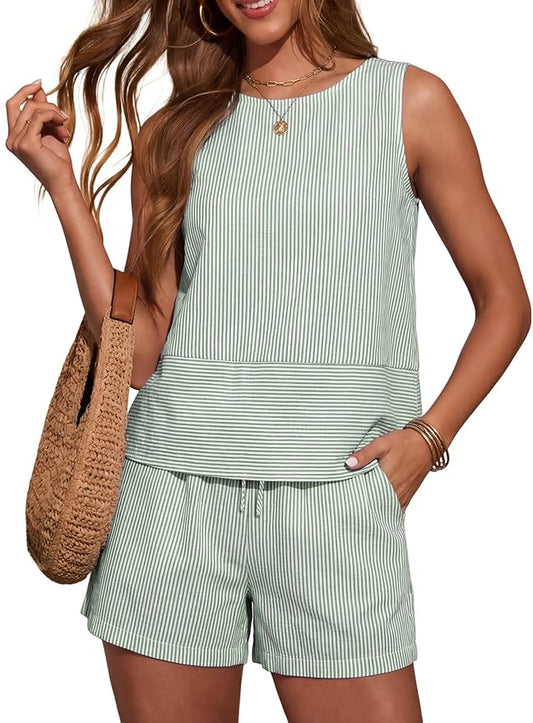 LOMON Women's Trendy 2 Piece Outfits Shorts Sets Summer Crew Neck Sleeveless Tank Top and Bottom Matching with Pockets 2026 by LOMON