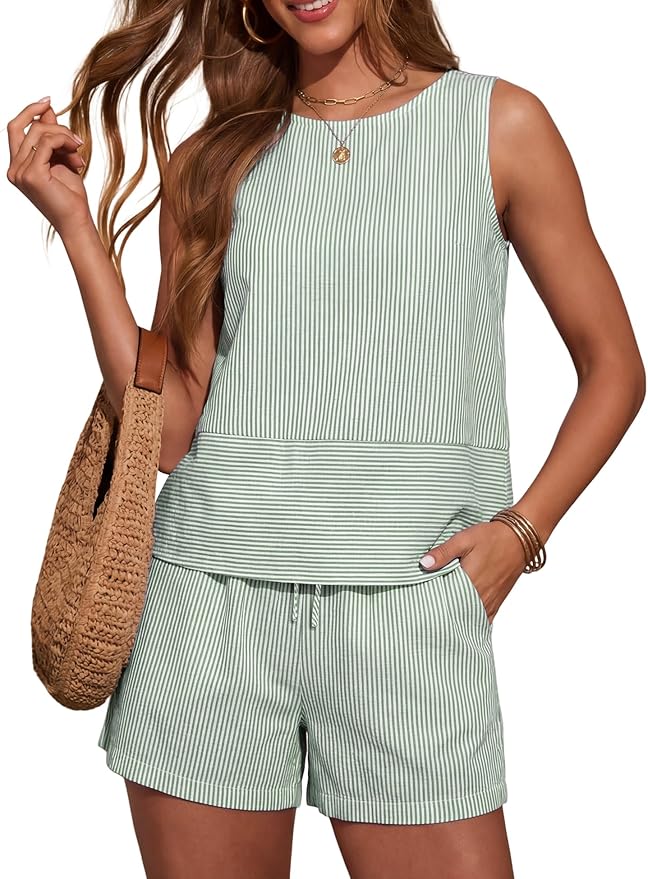 LOMON Women's Trendy 2 Piece Outfits Shorts Sets Summer Crew Neck Sleeveless Tank Top and Bottom Matching with Pockets 2026 by LOMON