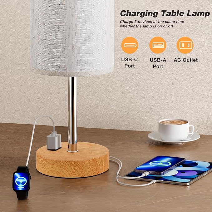 Fenmzee Touch Table Lamp - Cream, 3-Way Dimmable, USB A + C Charging, AC Outlet, 17.4inch Medium, Wood Grain Base - Image 4