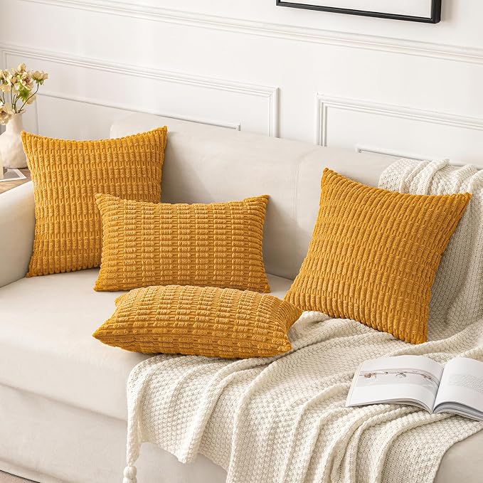 MIULEE Pack of 2 Corduroy Decorative Throw Pillow Covers 16x16 Inch Soft Boho Striped Pillow Covers Modern Farmhouse Home Decor for Summer Sofa Living Room Couch Bed Gold Yellow - Image 2