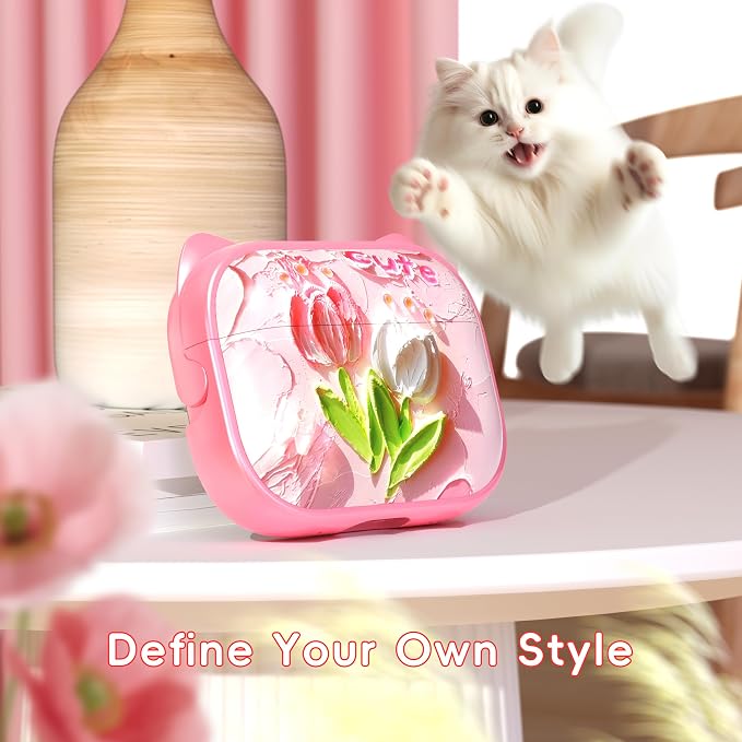 for AirPods Pro 2 Case with Cleaning Kit, Cute Cat Ear Print Design & Cute Buckle for Girls, Phone Holder & Top Safe Lock Buckle Design for AirPods Pro 2nd/1st Gen case, Tulip - Image 2