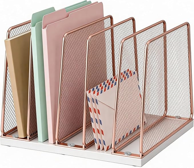 LEKETREE Rose Gold Desk File Organizer, 5-Section Upright File Sorter, Vertical File Folder Holder, Mesh Metal Wood Office Desktop Organization for Document, Magazine, Books and more (Rose Gold) by Stylishworkspaceeffortlessorganization