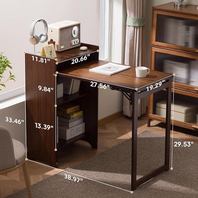 Bamboo Folding Desk with Storage, Foldable Desk for Small Spaces, Brown | Space-Saving Computer Desk with Storage, Compact Size, Writing Study Table for Home Office, Bedroom, Dorm, Apartment - Image 2
