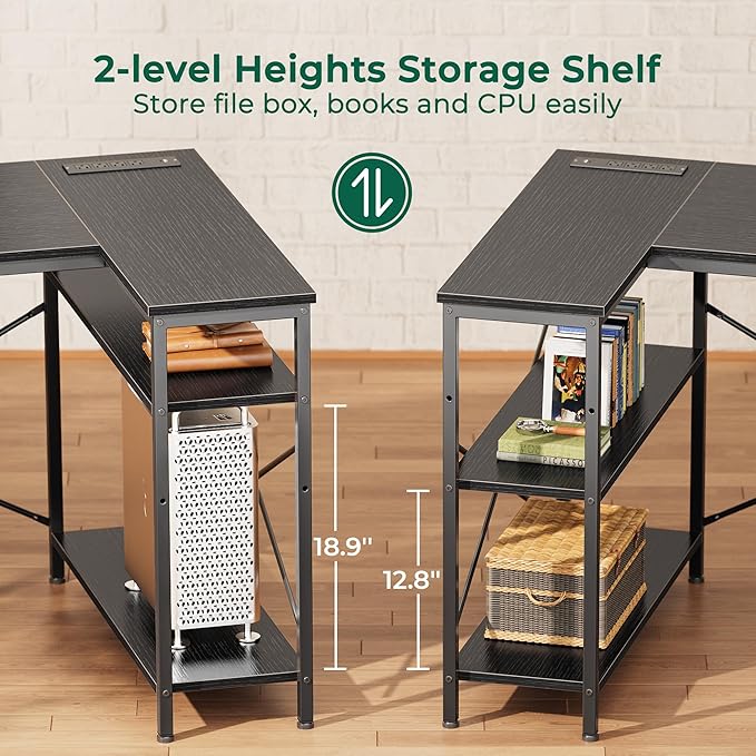 Huuger L Shaped Desk with Power Outlets, 63 Inch Reversible Computer Desk with 3 Drawers and Shelves, Home Office Table for Corner Work Study Writing Gaming, Black - Image 3