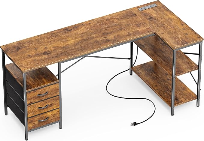 Huuger L Shaped Desk with Power Outlets, 63 Inch Reversible Computer Desk with 3 Drawers and Shelves, Home Office Table for Corner Work Study Writing Gaming, Rustic Brown by Huuger