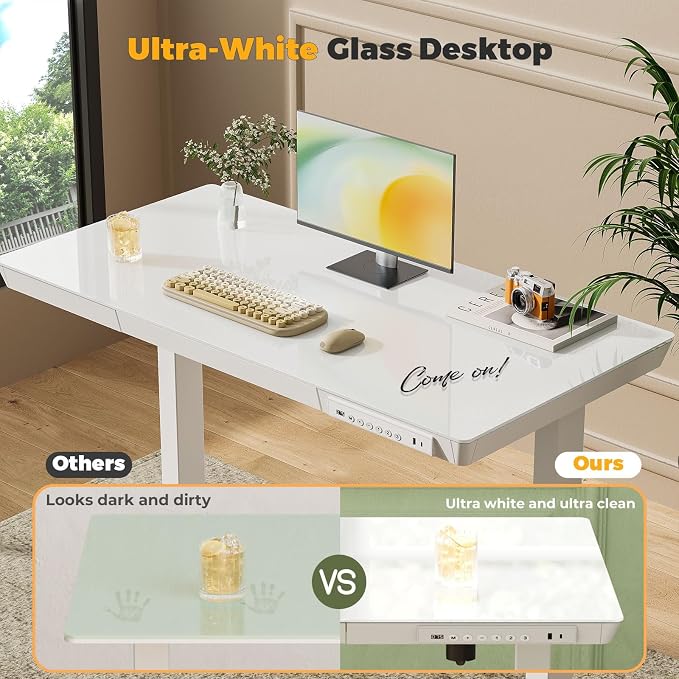 40" Glass Standing Desk with Drawer, Electric Stand up Desk | Height Adjustable Desk with One-Piece Tabletop & USB Charging Ports, Sit Stand Desk with Storage for Home Office, White - Image 8