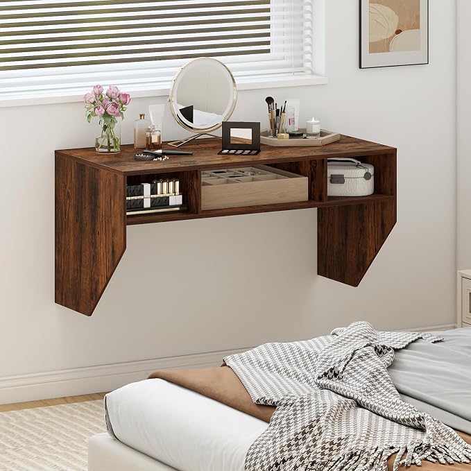 Giantex Wall-Mounted Computer Desk, Floating Laptop Desk with 3 Storage Compartments, Space-Saving Home Office Workstation Vanity Table for Bedroom, Study, Living Room (Rustic Brown) - Image 7