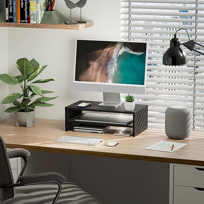 FITUEYES Monitor Stand - 2 Tier Computer Monitor Riser Shelf, Wood Desktop Stand for Laptop Computer Screen, Desk Organization, Office Supplies - Image 2