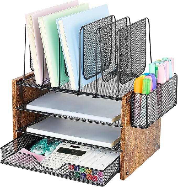 OPNICE Desk Organizer, 4-Tier Desktop File Organizer with Drawer and Pen Holders, Office Desk Accessories, File Sorters, Workspace Organizers for Office Supplies(Brown) by OPNICE