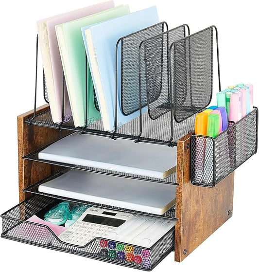OPNICE Desk Organizer, 4-Tier Desktop File Organizer with Drawer and Pen Holders, Office Desk Accessories, File Sorters, Workspace Organizers for Office Supplies(Brown) by OPNICE