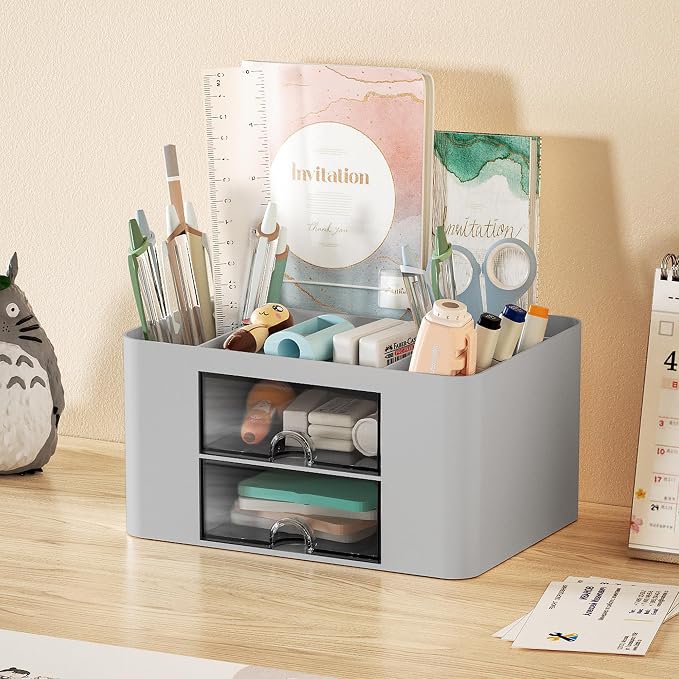 Marbrasse Pen Organizer with 2 Drawer, Multi-Functional Pencil Holder for Desk, Desk Organizers and Accessories with 5 Compartments + Drawer for Office Art Supplies (Grey) - Image 3