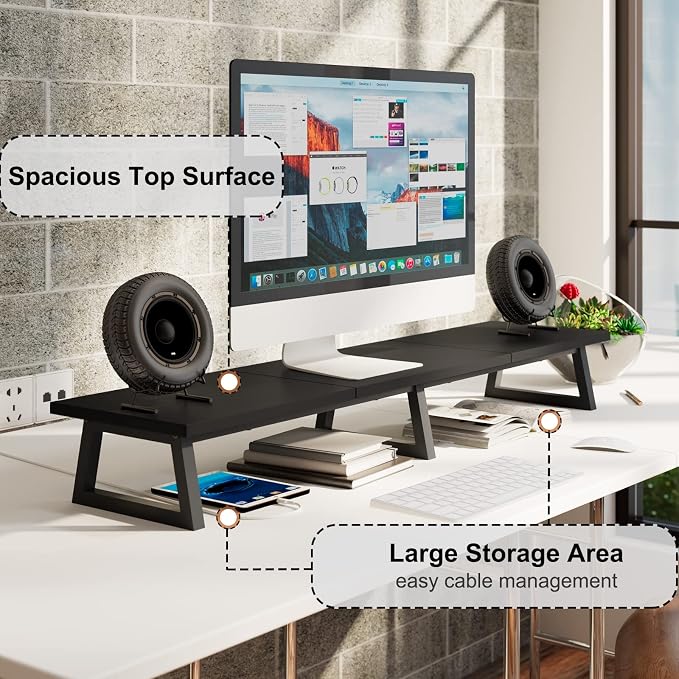 TEAMIX Black 42 inch Dual Monitor Riser,Wood and Steel Long Monitor Stand for 2 Monitors with Storage Large TV Riser Computer Laptop Stand for Desk Office Organization - Image 3