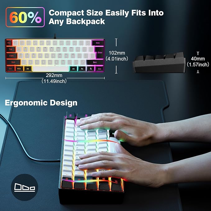Snpurdiri 60% Wired Gaming Keyboard, 61 Keys RGB (Black-White) | Backlit Ultra-Compact Small Gaming Keyboard, for PC/Mac Gamer, Typist, Travel, Easy to Carry on Business Trip - Image 5